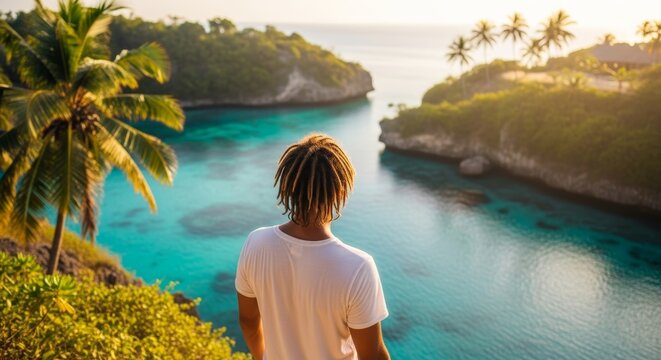 Young man with dreadlocks enjoying stunning tropical lagoon view with turquoise water and palm trees. Paradise vacation and wanderlust travel concept.
