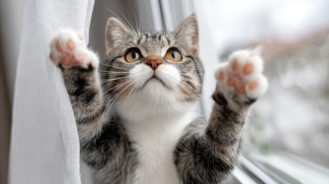 Grey cat paws pressing against a window as it climbs toward a fluttering curtain