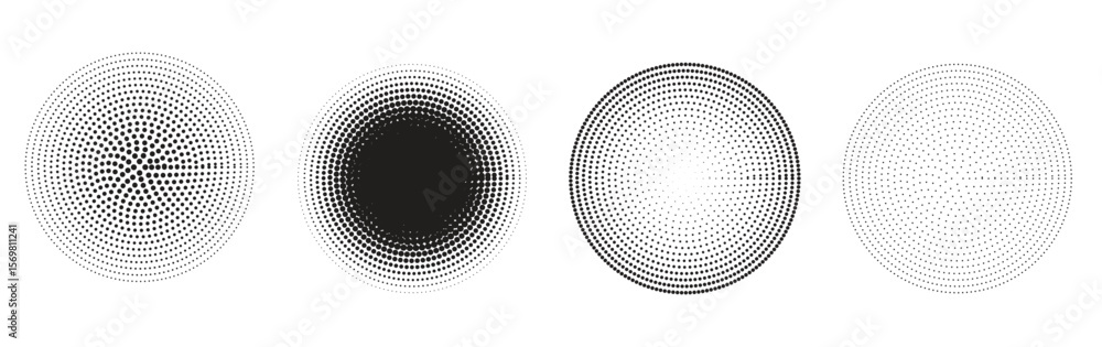 Poster halftone circular dot pattern vector set. abstract radial halftone elements with gradient dot effect