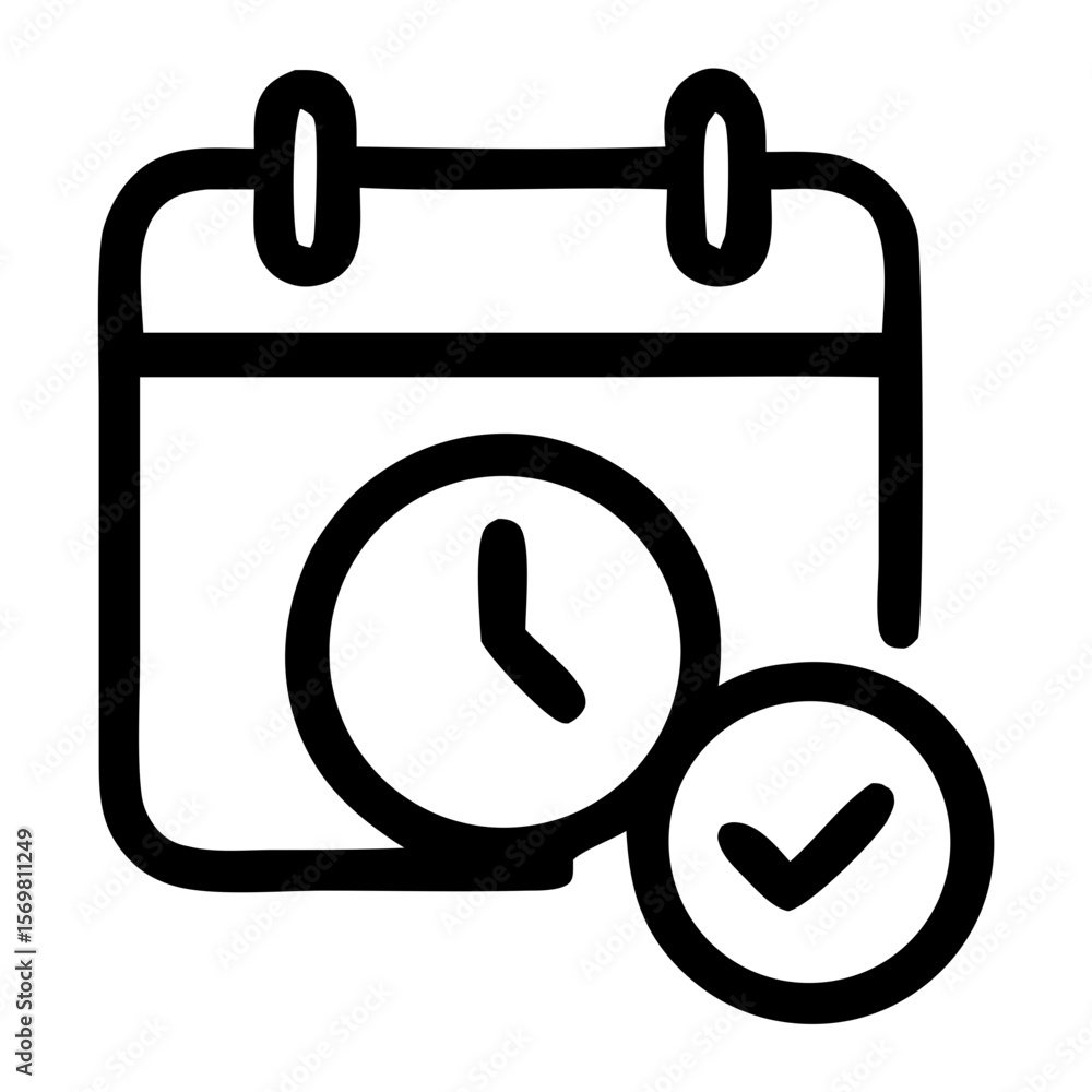 Poster outline minimalist calendar schedule event planning with clock and checkmark icon