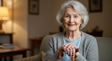 Smiling elderly woman with silver hair rests hands on her wooden cane indoors