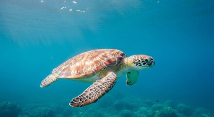 Obraz premium Majestic green sea turtle gliding through tropical waters. Perfect underwater shot for marine life, conservation and environmental protection themed projects.