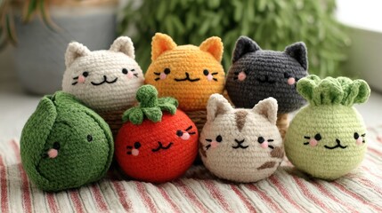 Handmade crochet cat toys shaped like vegetables placed on a striped fabric mat