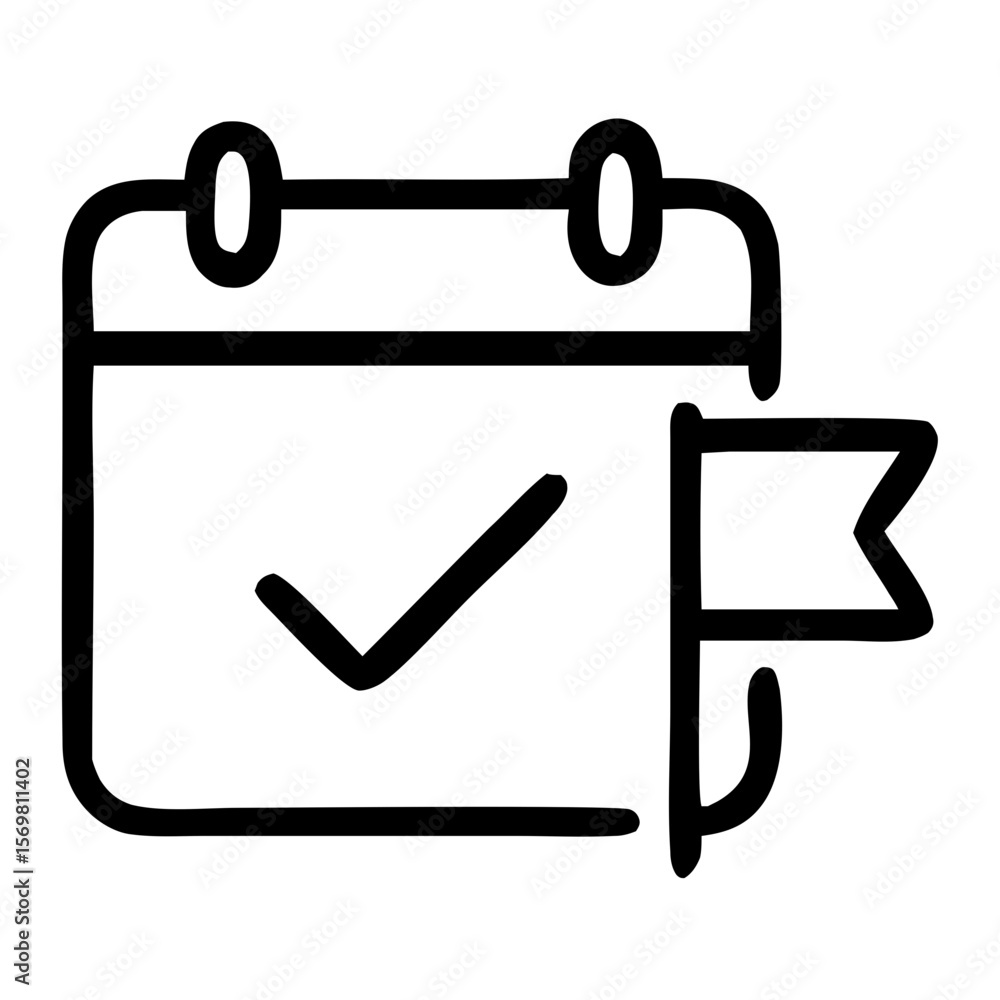 Poster simple outline calendar with checkmark and flag icon for appointment scheduling