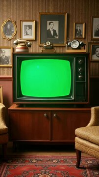 Retro TV with green screen in a warmly lit nostalgic living room. Classic furnishings and vintage atmosphere. Captured vertically (9:16) for chroma key mockup and editing purposes.