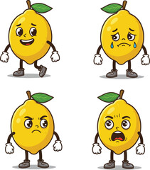 Four cartoon lemon characters displaying different emotions, walking, sad, angry, and surprised.