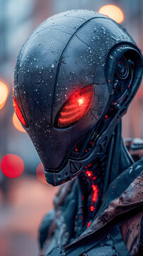 Futuristic alien robot with red eyes in urban rainy setting