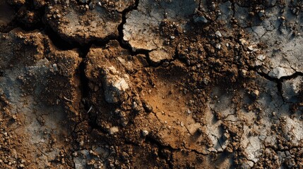 Mud-cracked terrain after extreme dehydration, with visible soil shrinkage and gaps