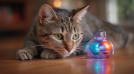 Multi-level interactive cat toy with spinning balls and LED lights on smooth floor