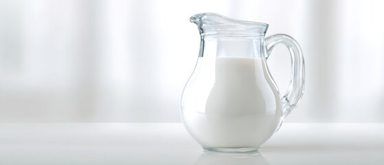 The elegant glass jug filled with fresh, creamy milk on a simple table.
