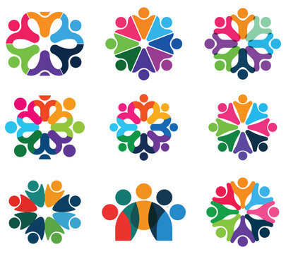 Colorful abstract logos representing community teamwork collaboration and unity on white background - Powered by Adobe