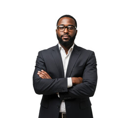 Confident black businessman wearing a suit and glasses isolated on transparent background