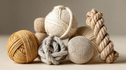 Natural hemp rope balls and organic cotton chew toys on a minimal background