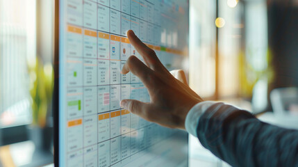 Businessman managing digital agenda interface using hand gestures in productivity setup