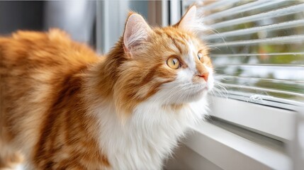 Orange and white cat scaling open shutters toward a bright outdoor view
