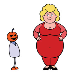 Plump lady stands firm, arms crossed, resisting tempting treats around her with determination, showing strength and willpower against sweet temptations.
