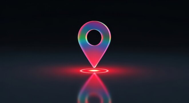 Glowing iridescent map location pin icon on dark surface