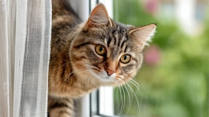 Striped cat with determined eyes ascending a sheer window curtain