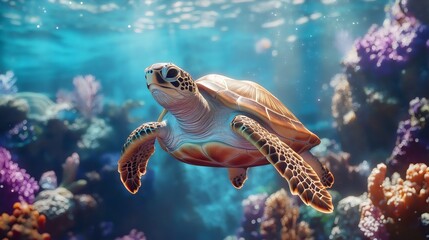 Fototapeta premium Sea Turtle Gliding Gracefully Through a Vibrant Coral Reef Ecosystem, Sun Dappled Water Creates a Serene Underwater Scene, Marine Life Thriving in a Colorful Habitat