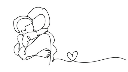 Heartfelt Hug. Mother Holding Child with Heart in Continuous Line for Mother's Day