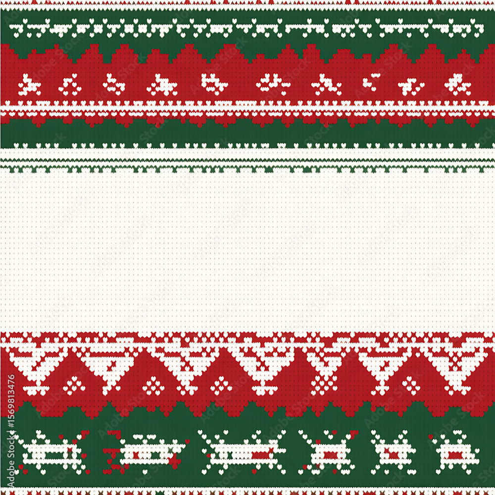 Poster an elegant and cozy sweater pattern background with a horizontal border made of red, green, and whit