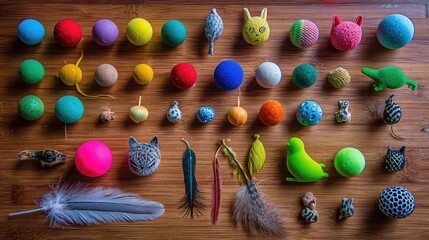 Variety of colorful cat toys scattered on a wooden floor including balls, mice, and feathers
