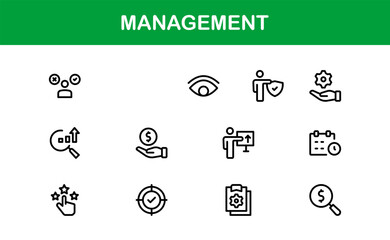 Modern Management Icon Set in Vector Style Featuring Leadership, Teamwork, Strategy, and Planning Symbols