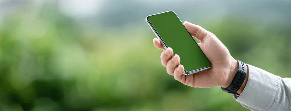Close-up of hand holding smartphone with green screen on Dutch street showcasing modern architecture and smartwatch
