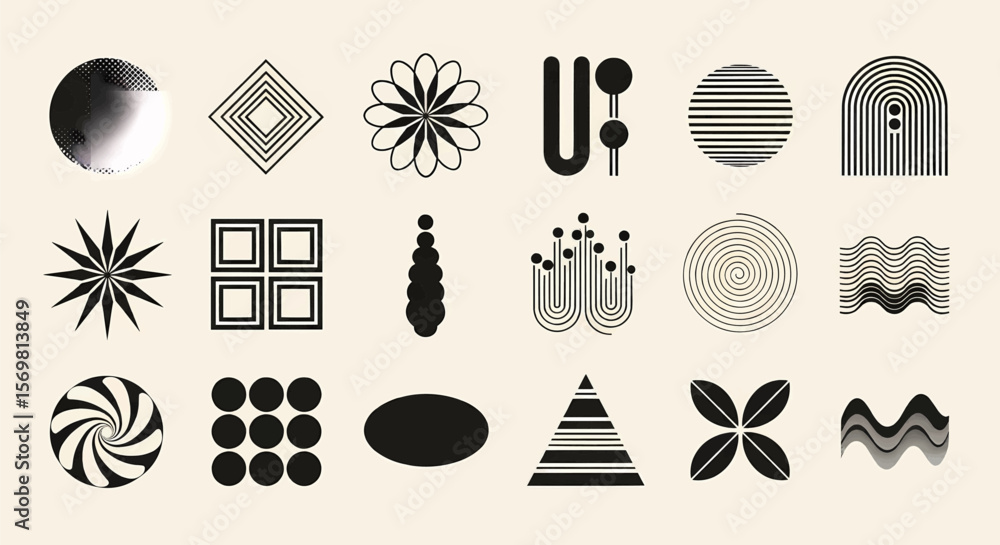 Poster abstract geometric shapes and halftone patterns in a grid