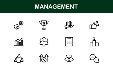 Modern Management Icon Set in Vector Style Featuring Leadership, Teamwork, Strategy, and Planning Symbols