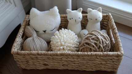 Wicker basket with cat toys including plush, rope, and squeaky textures