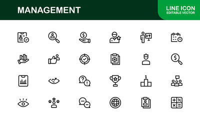 Modern Management Icon Set in Vector Style Featuring Leadership, Teamwork, Strategy, and Planning Symbols