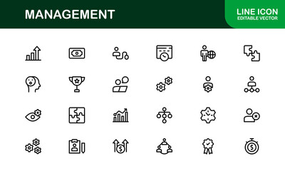 Modern Management Icon Set in Vector Style Featuring Leadership, Teamwork, Strategy, and Planning Symbols