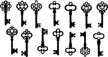 Vintage keys vector collection antique key silhouettes for design and decoration elements