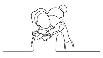 Back Hug. Daughter Embracing Mom in One Line Drawing for Mother's Day Concept