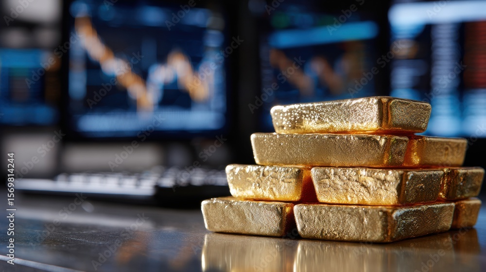 Poster a stack of gold bars sits on a desk in front of a computer monitor