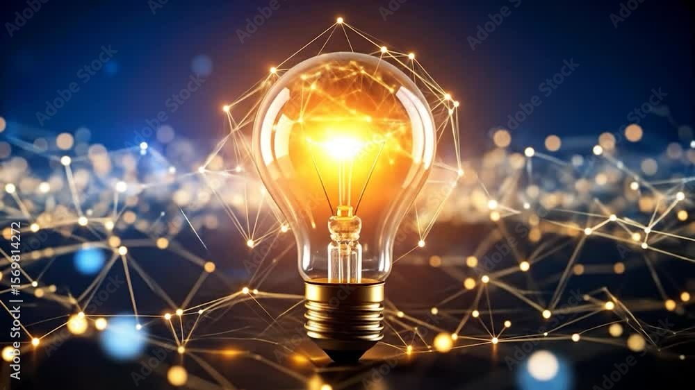 Poster glowing lightbulb with interconnected network