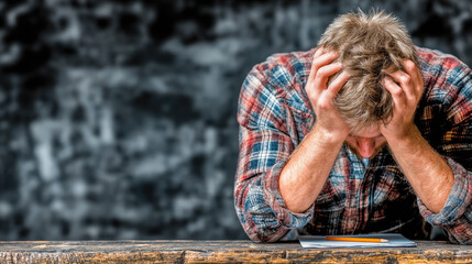 Stressed young man holding head sitting at desk with papers
