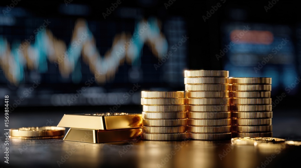 Poster a pile of gold coins and bars sit on a table in front of a graph