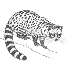 Large-spotted Civet – Viverra megaspila. Twelveword sentence describing the image the sketch depicts a banded palm civet perched on a branch.