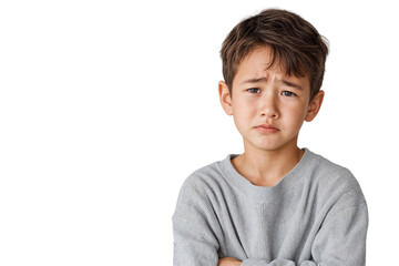 Portrait of a sad boy crying, expressing deep emotion and distress after losing his mother. Isolated on transparent background
