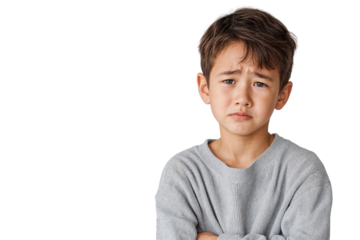 Portrait of a sad boy crying, expressing deep emotion and distress after losing his mother. Isolated on transparent background