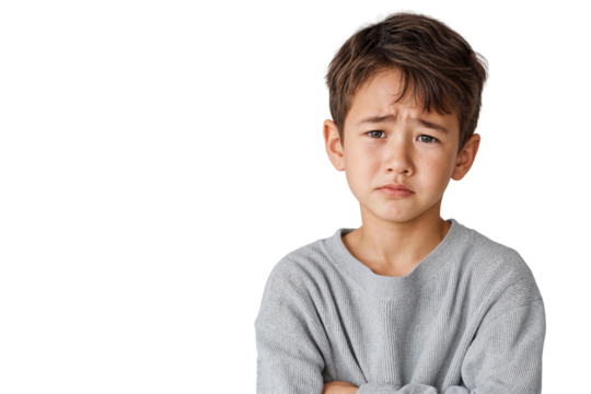 Portrait of a sad boy crying, expressing deep emotion and distress after losing his mother. Isolated on transparent background