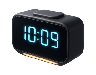 A compact digital alarm clock with a snooze button and nightlight for a bedside table in a bedroom.