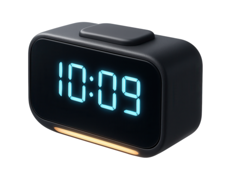 A compact digital alarm clock with a snooze button and nightlight for a bedside table in a bedroom.