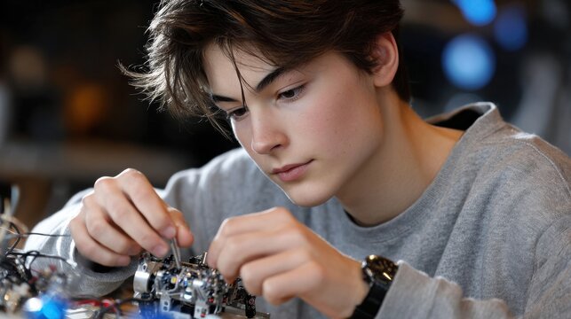 A young man is working on a robot