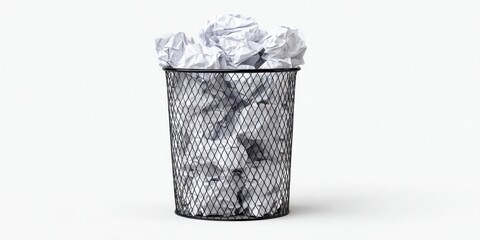 The metallic trash bin overflowing with crumpled paper waste in an office setting.