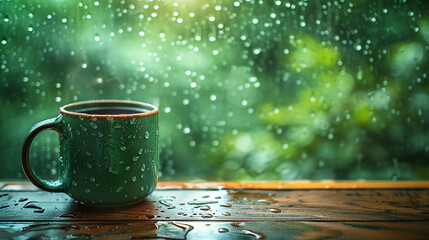Cozy indoor moment with a matte green mug on wooden windowsill, soft-focus raindrops on glass, warm ambient lighting and foggy outdoor blur, inviting natural atmosphere with space for text