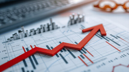 Crisis financial graph with downward red arrow, white isolated background symbolizing recession, soft HDR lighting, graph centered with deep contrast, dramatic economic style