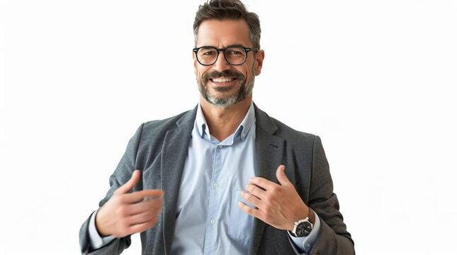 Confident Professional Portrait: A distinguished professional in a tailored blazer and stylish spectacles radiates self-assuredness, his gaze directly engaging with the viewer.